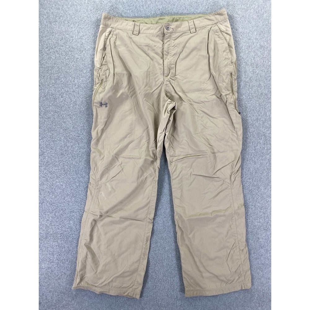 Under Armour Cargo Pants Mens 40x32 Khaki Ripstop Nylon Hiking Zip Pockets